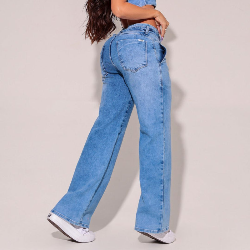 Calça Jeans Modeladora Wide Leg Com Elastano e Cinto - BE3092C